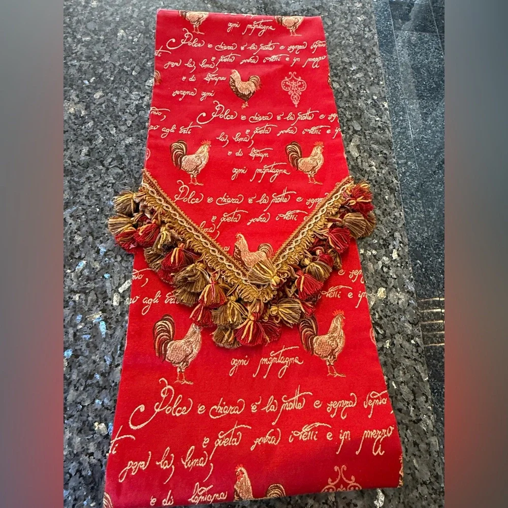 Red jacquard table runner featuring a traditional French rooster design 104x12”